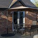 image 1 of Outdoor 6 Person Rectangular Glass Top Garden Dining Table Benches & Chairs With Beige Banana Parasol and Base
