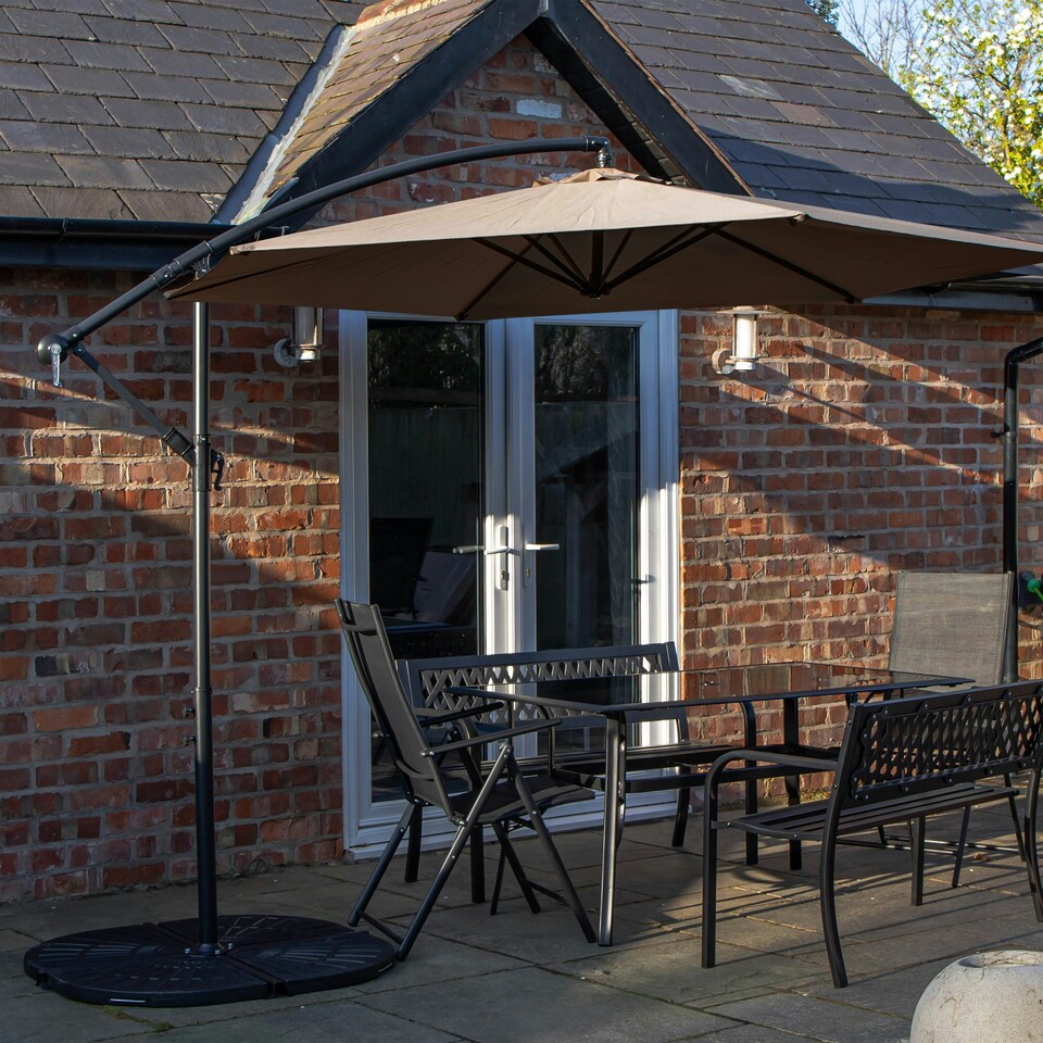 image 1 of Outdoor 6 Person Rectangular Glass Top Garden Dining Table Benches & Chairs With Beige Banana Parasol and Base