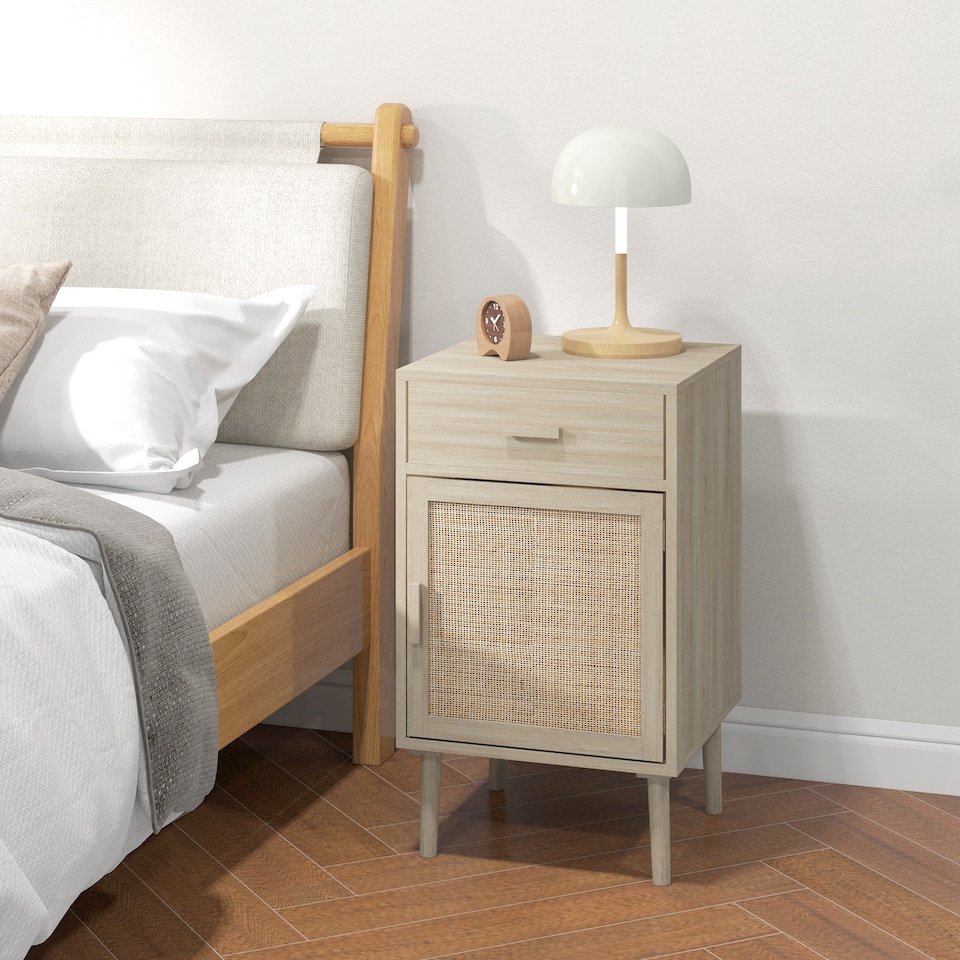 image 1 of HOMCOM Bedside Table Set of 2, Rattan Side Tables with Drawer, Cabinet and Adjustable Shelf, Boho Bedside Cabinet with Storage for Bedroom, Living Room, Natural Wood Effect
