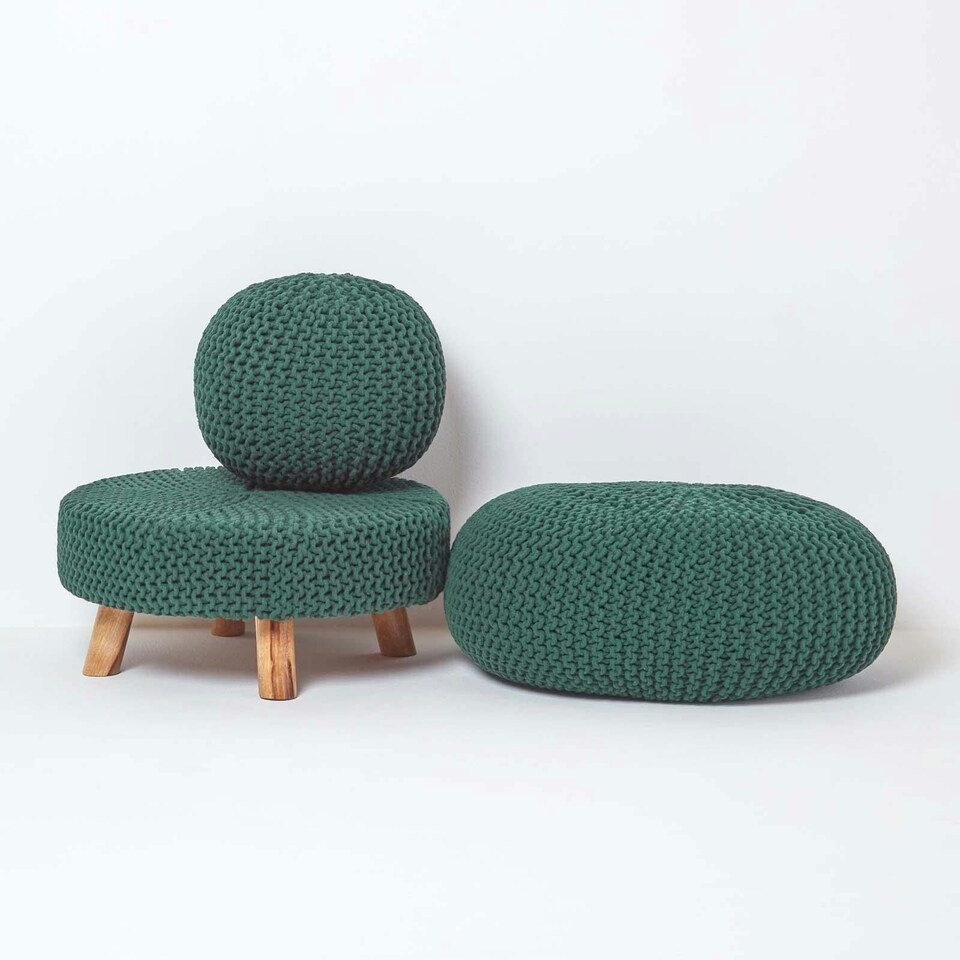 image 1 of Homescapes Forest Green Round Cotton Knitted Pouffe Footstool - 35 x 40 cm | Green | H 35cm x W 40cm