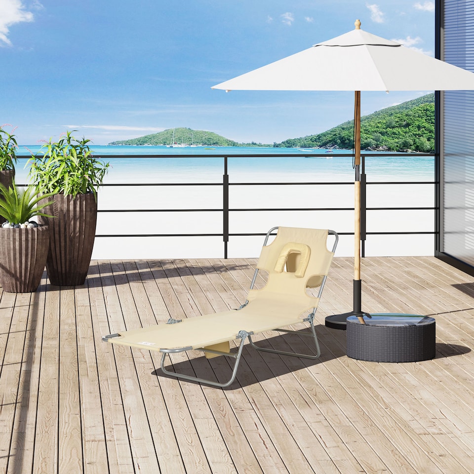 image 1 of Outsunny Sun Lounger with Reading Hole, Folding Garden Lounger, Beige