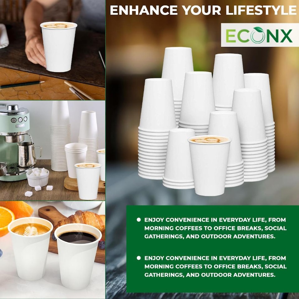 image 1 of ECONX 8oz Disposable Single Wall White Paper Cups Cold Coffee Drinks Takeaway Cups Pack Of 50