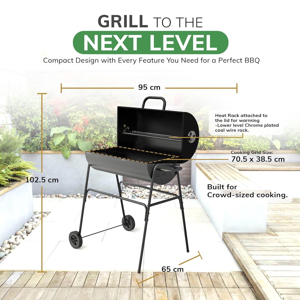 image 1 of House of Home BBQ Barrel Charcoal Grill with Lid Thermometer, Portable Trolley Smoker, Wheels