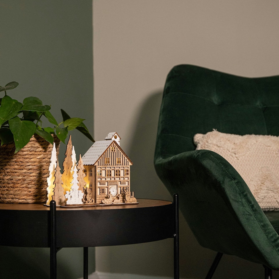 image 1 of 16cm Battery Operated Light up Wooden House Scene with Christmas Trees and Warm White LEDs