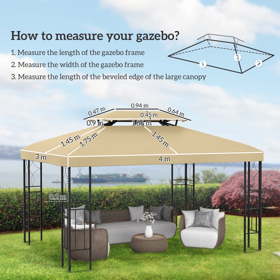 image 1 of Outsunny 3x4m Gazebo Canopy Replacement, 2 Tier Top Roof UV Cover Garden Patio Outdoor Sun Awning Shelters (TOP COVER ONLY) | Cream | Cream
