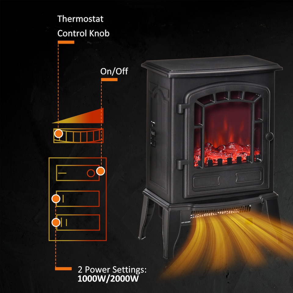 image 1 of HOMCOM Freestanding Electric Fireplace Heater W/ Realistic Flame Effect Black | Black