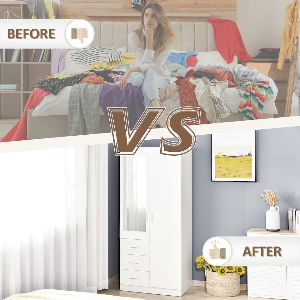image 1 of HOMCOM 2-Door Wardrobe w/ Adjustable Shelf 3 Drawers for Bedroom, 180cm, White