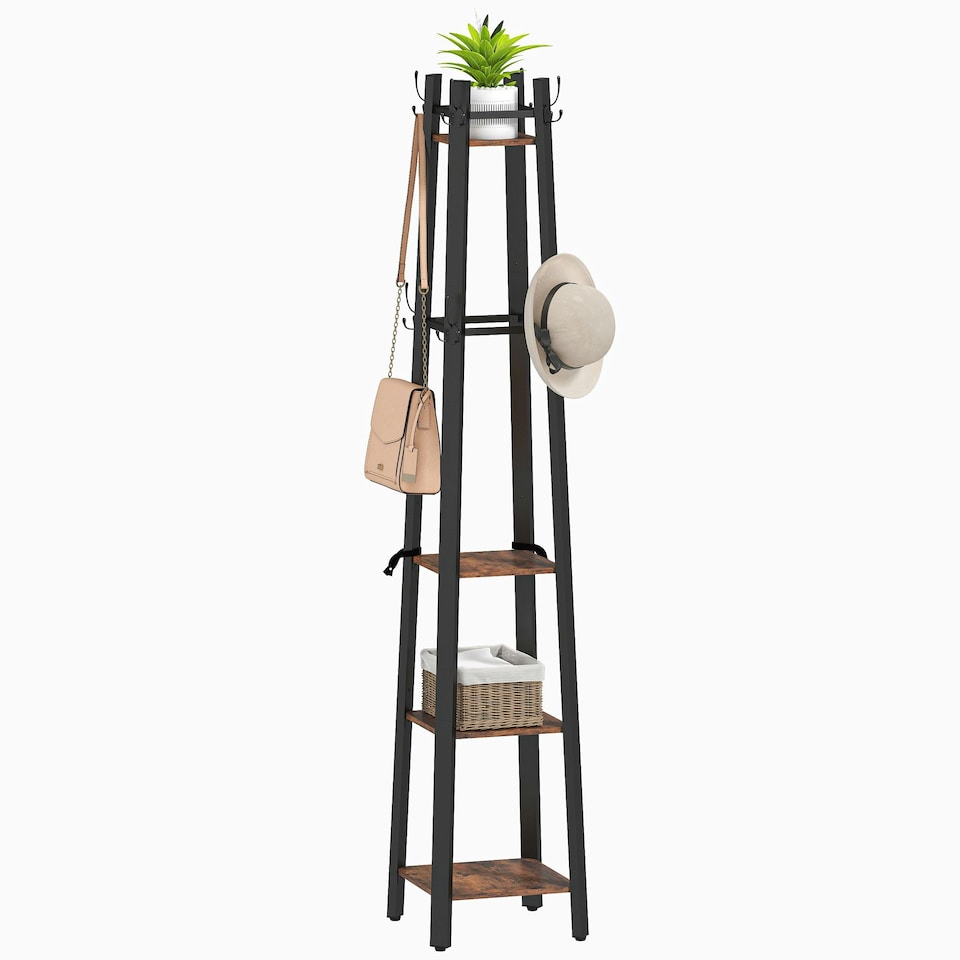image 1 of HOMCOM Industrial Coat Stand with 4 Storage Shelves and 8 Hooks Rustic Brown | Brown | Black | One Size