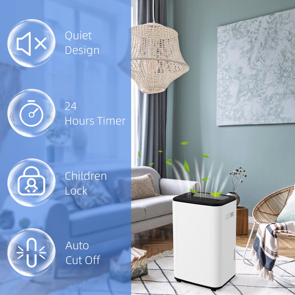 image 1 of HOMCOM 20L/Day 6L Dehumidifier, Portable Quiet Air Dehumidifier for Laundry