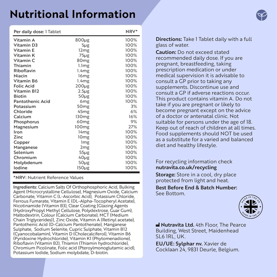 image 1 of Nutravita Multivitamin Tablets - 26 Essential Vitamins & Minerals, Vitamin C, D, Iron, Zinc - Immune System Support - Made in The UK - 90 Vegan Tabs