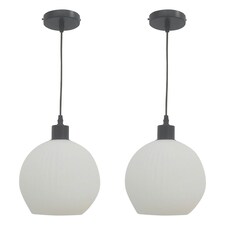 First Choice Lighting Set of 2 Betchley White Ribbed Glass Globe with Black Pendant Fittings Black | White