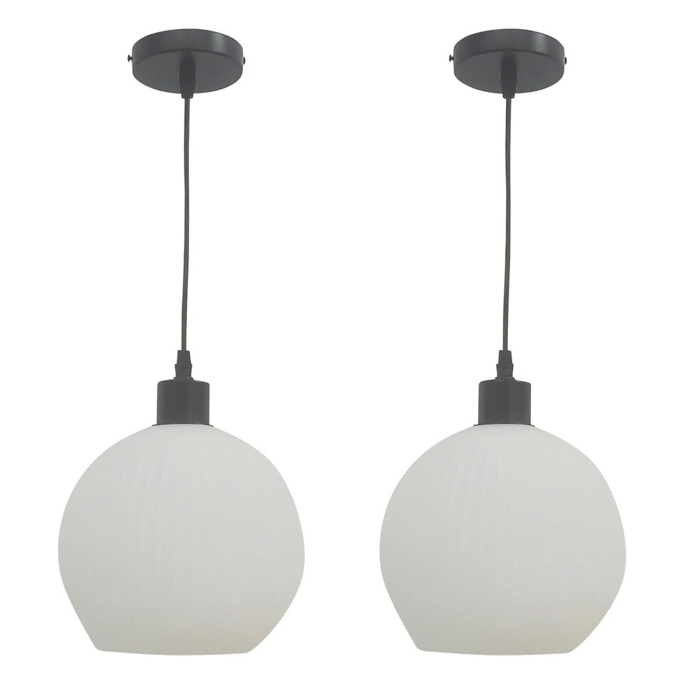 image 1 of First Choice Lighting Set of 2 Betchley White Ribbed Glass Globe with Black Pendant Fittings Black | White