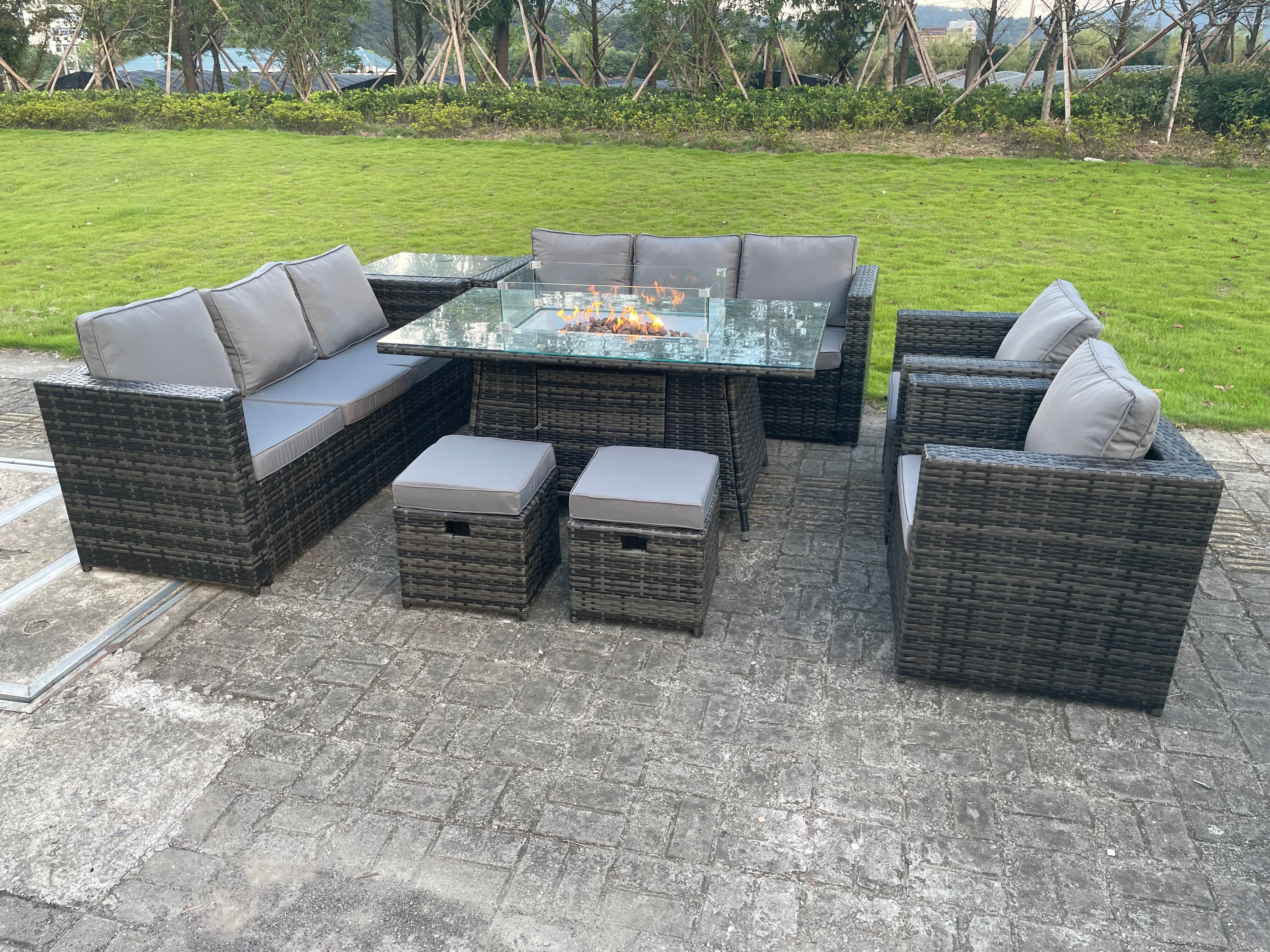 Fimous 10 Seater Outdoor Rattan Garden Furniture Gas Fire Pit Table Dining Set Gas Heater Lounge Chairs Small Footstools Dark Grey