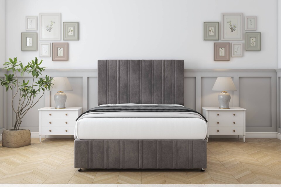 image 1 of Sloomy Langston Slate Naples Divan Bed With Mattress 2 Drawers Right Side With 26" Strutted Headboard & 12" Matching Footboard 4'6 Double | Grey | Slate | Double | 1