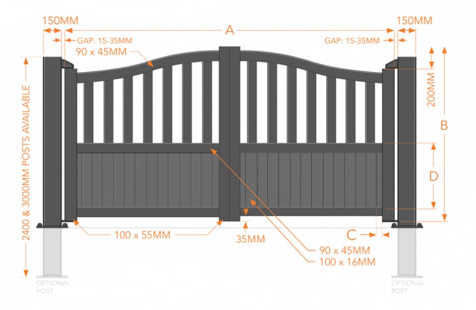 image 1 of Double Swing Gate 3500x1600mm Black - Partial Privacy Driveway Gate with Vertical Solid Infill and Bell-Curved Top