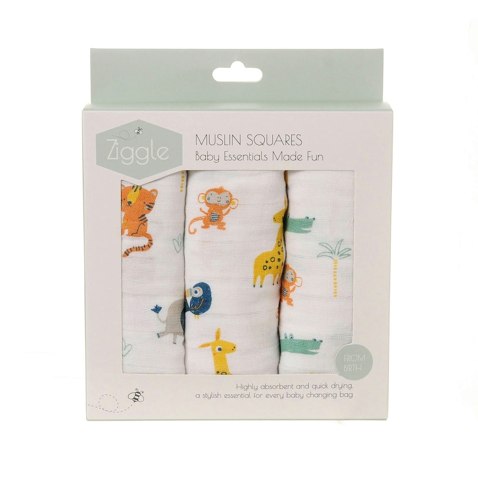 image 1 of Ziggle Muslin Square 3 Pack - Savanna Animals