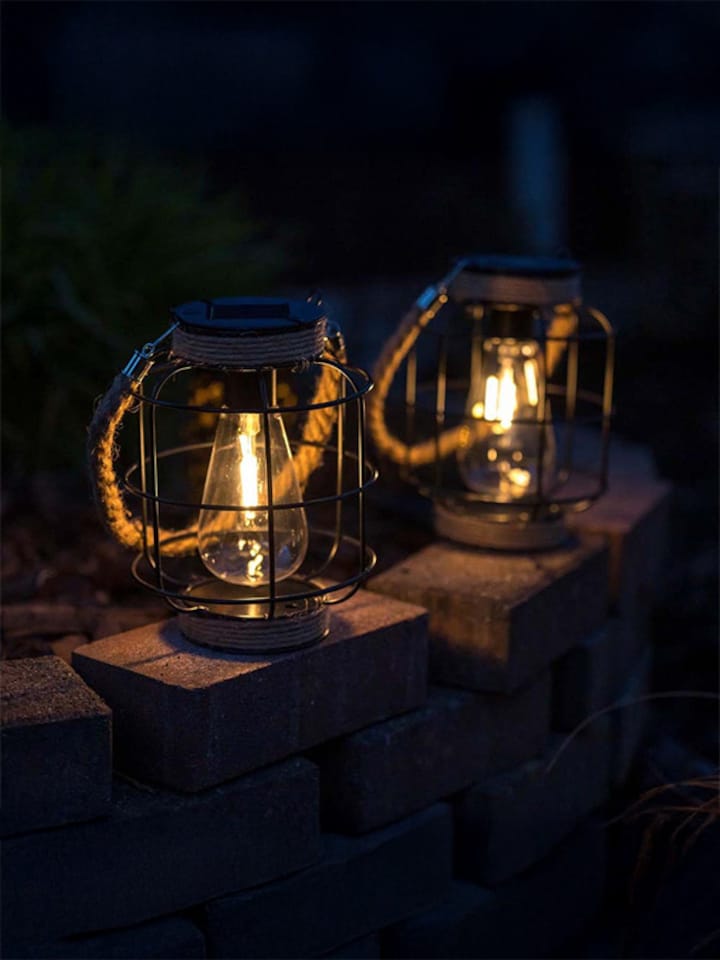 image 1 of ValueLights 2 pack of Solar Power Lantern with Hemp Rope Handle | Black