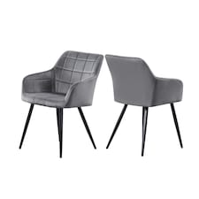 Set of 2 Camden Modern Velvet Dining Chairs with Armrests, Quilted Design & Black Metal Legs | Grey | Dark Grey