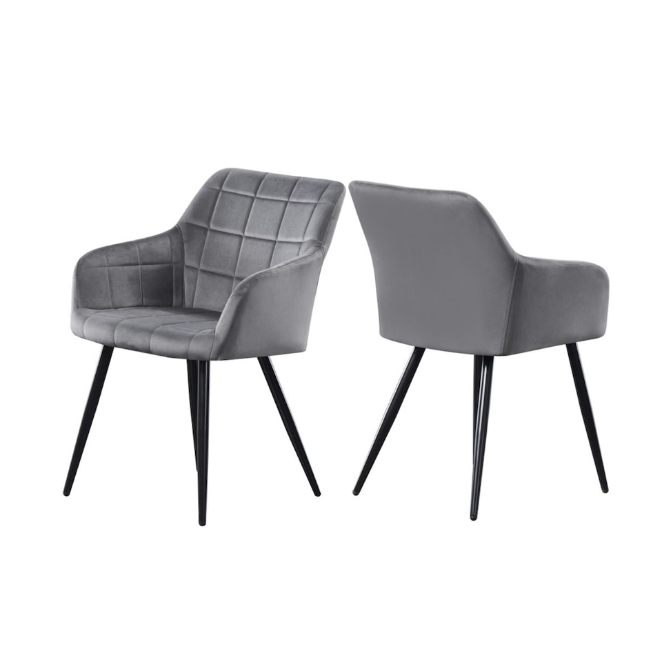 image 1 of Set of 2 Camden Modern Velvet Dining Chairs with Armrests, Quilted Design & Black Metal Legs | Grey | Dark Grey