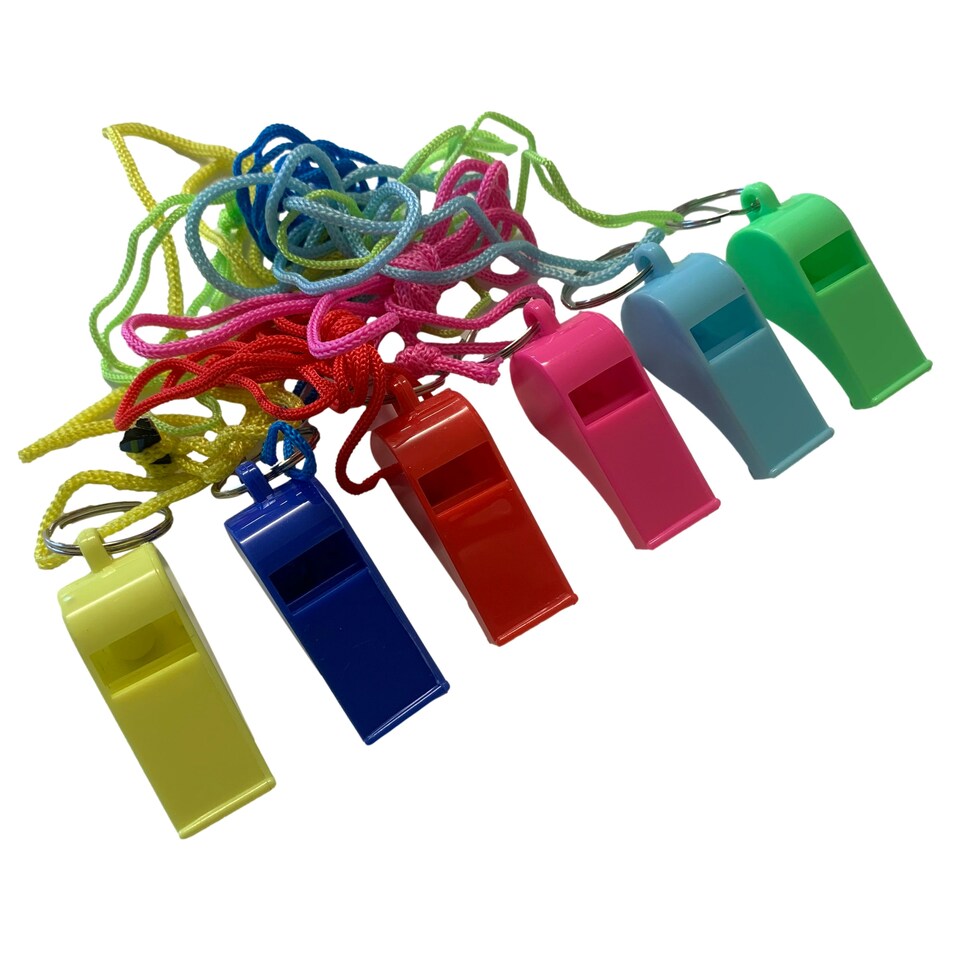 image 1 of Bag of 100 Green Plastic Whistles with Lanyard Neck Cord