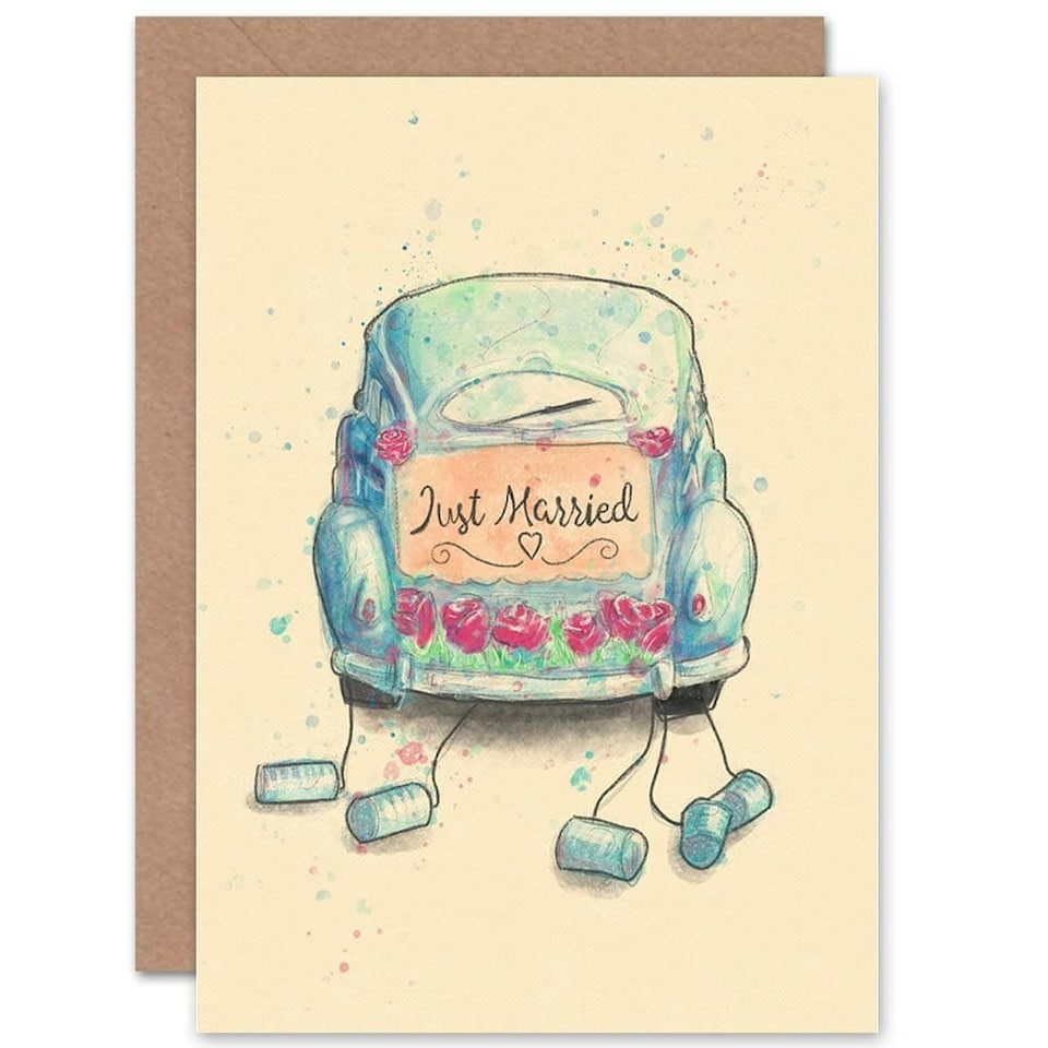 image 1 of Just Married Tin Can Car Wedding Card