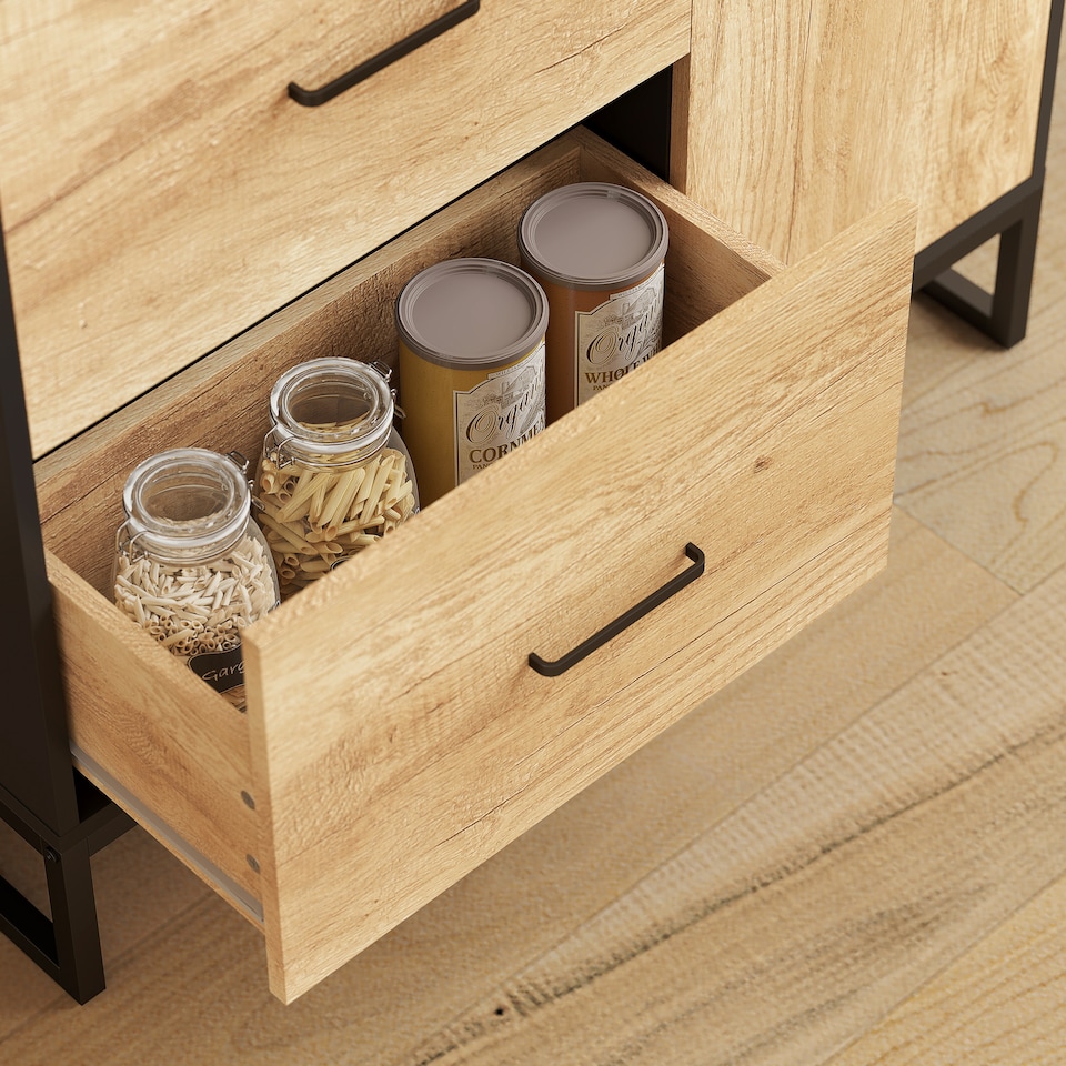 image 1 of HOMCOM 160cm Tall Kitchen Cupboard, Kitchen Pantry Sideboard with 2 Open Shelves, 2 Drawers, Adjustable Shelves and Soft Close Door, Storage Cabinet for Living Room, Dinning Room, Natural Wood Finish