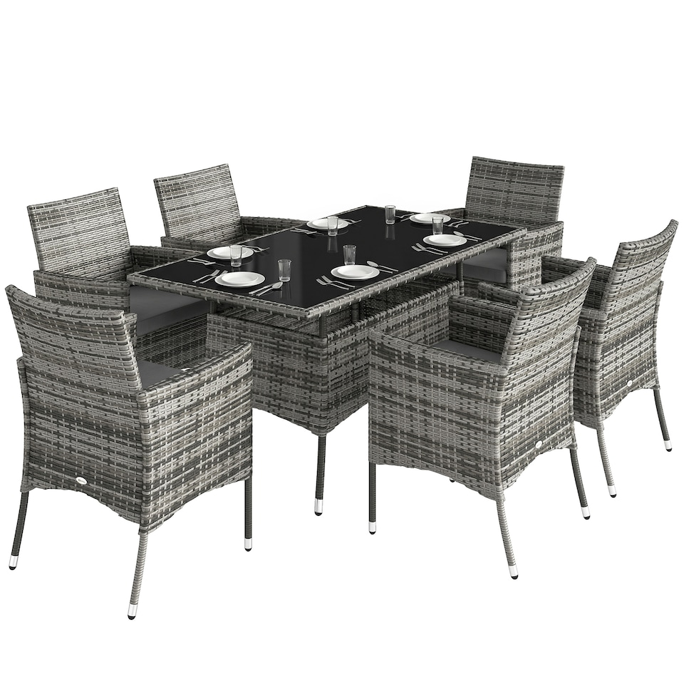 image 1 of Outsunny Rattan Dining Set for 6 with Cushions, Glass Top Table, Grey