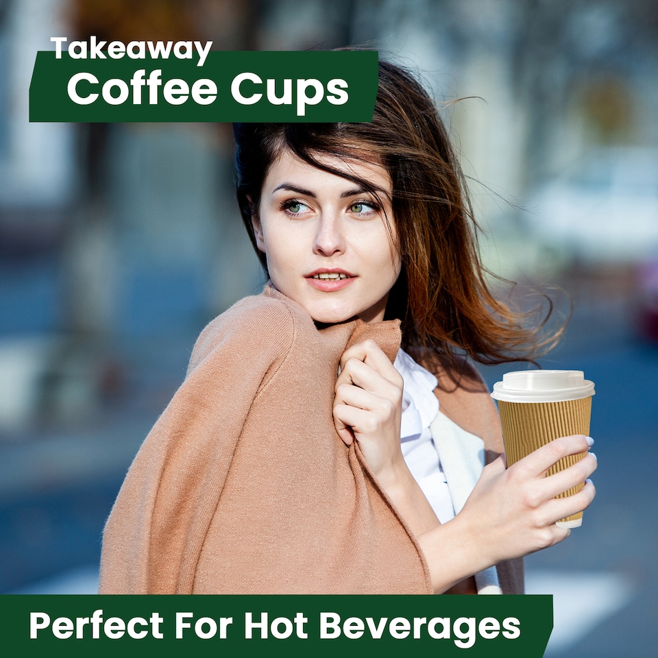 image 1 of ECONX 8oz Kraft Disposable Coffee Cups With White Lid Ripple Insulated Paper Cups 100pc