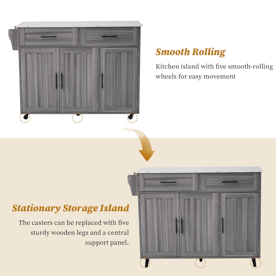 image 1 of VILUXE Mobile Kitchen Island with Foldable Worktop, 2 Drawers, Adjustable Shelves, Towel Rail, Wheels and Solid Wood Feet, Grey and White