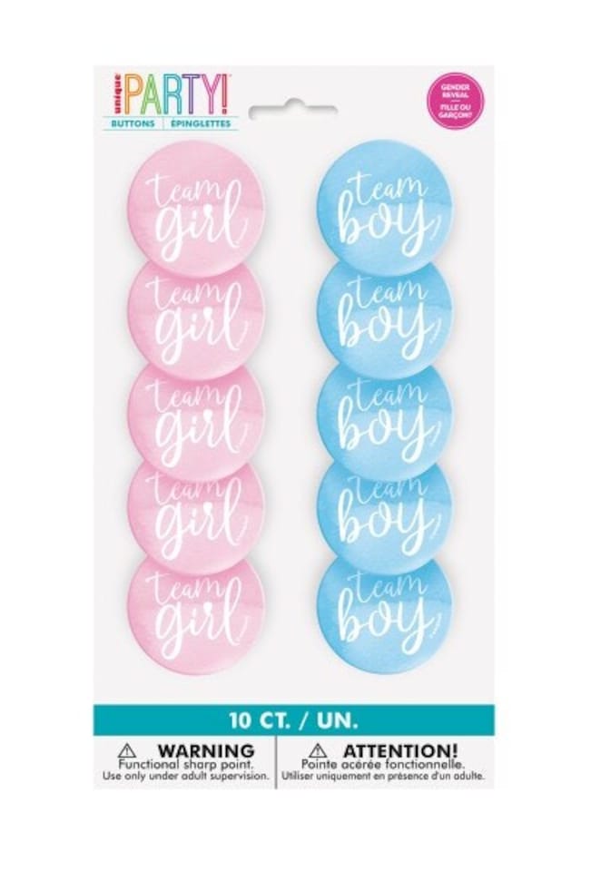 image 1 of Pack of 10 Team Boy or Girl Gender Reveal Buttons