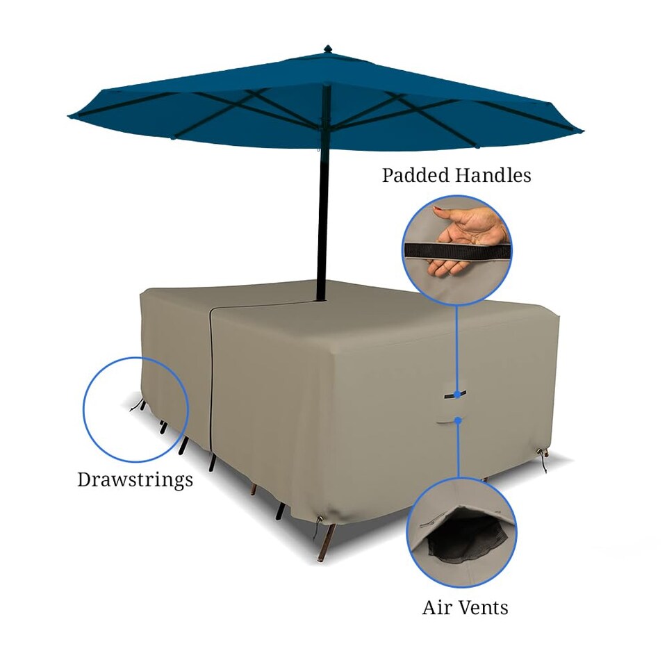 image 1 of Covers&All Rectangle Table & Chair Set Cover, Umbrella Hole, 12 Oz Waterproof UV & Weather Resistant, 76 ft ft L x 46 ft ft W x 30 ft ft H, Beige