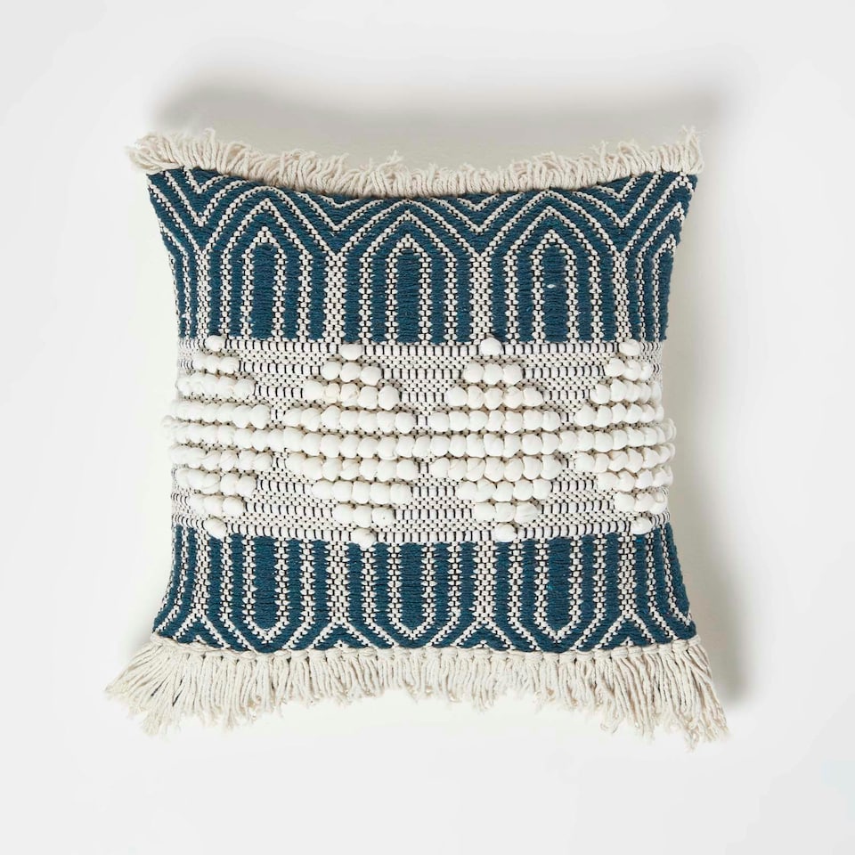 image 1 of Homescapes Safi Handwoven Fringed Navy & Cream Kilim Cushion - 45 x 45 cm Blue