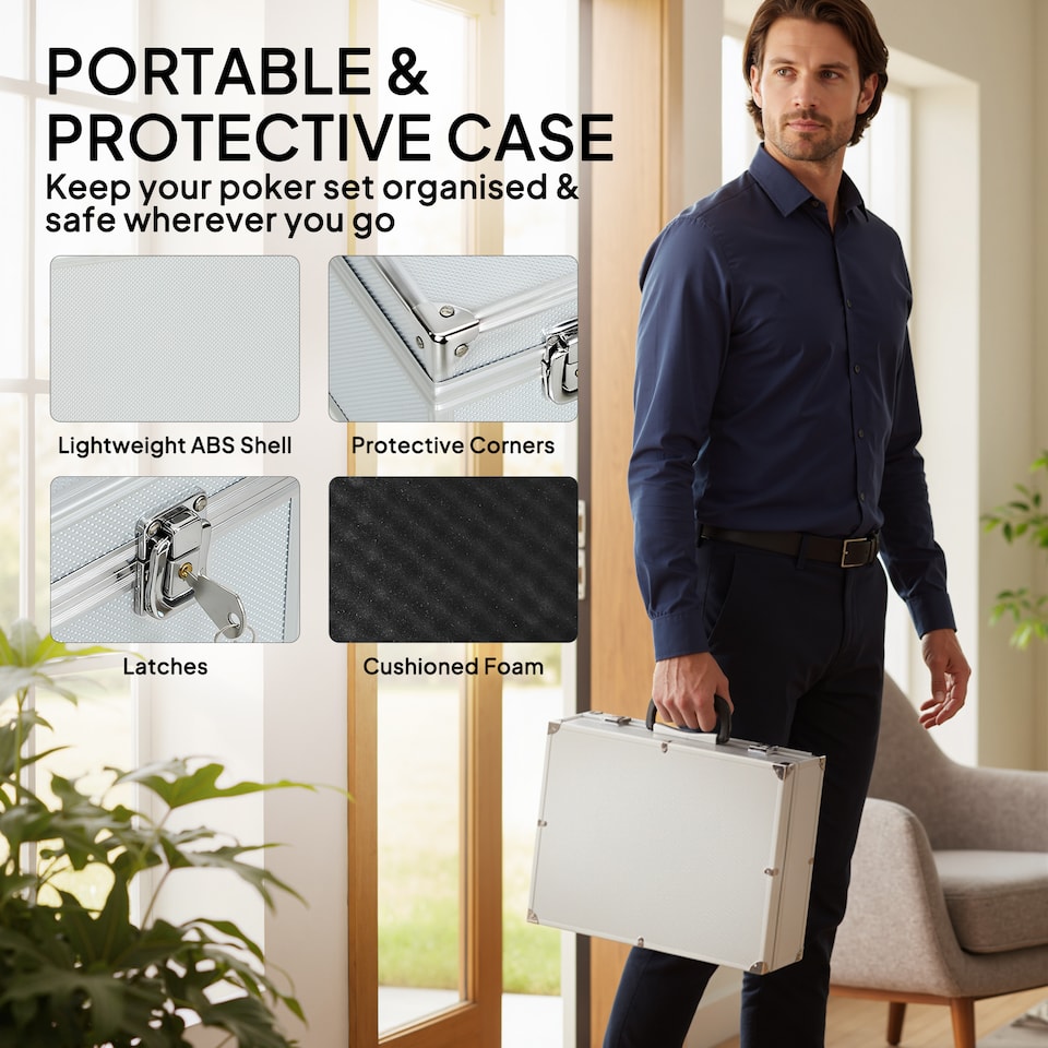 image 1 of SPORTNOW 300-Piece Poker Chips Set with Card Shuffler, Card Shoe, ABS Case, Casino Texas Holdem Poker Set with Mat, 11.5g Poker Chips, Two Decks of Cards, Dealer, Blind Buttons, Five Dices, Silver