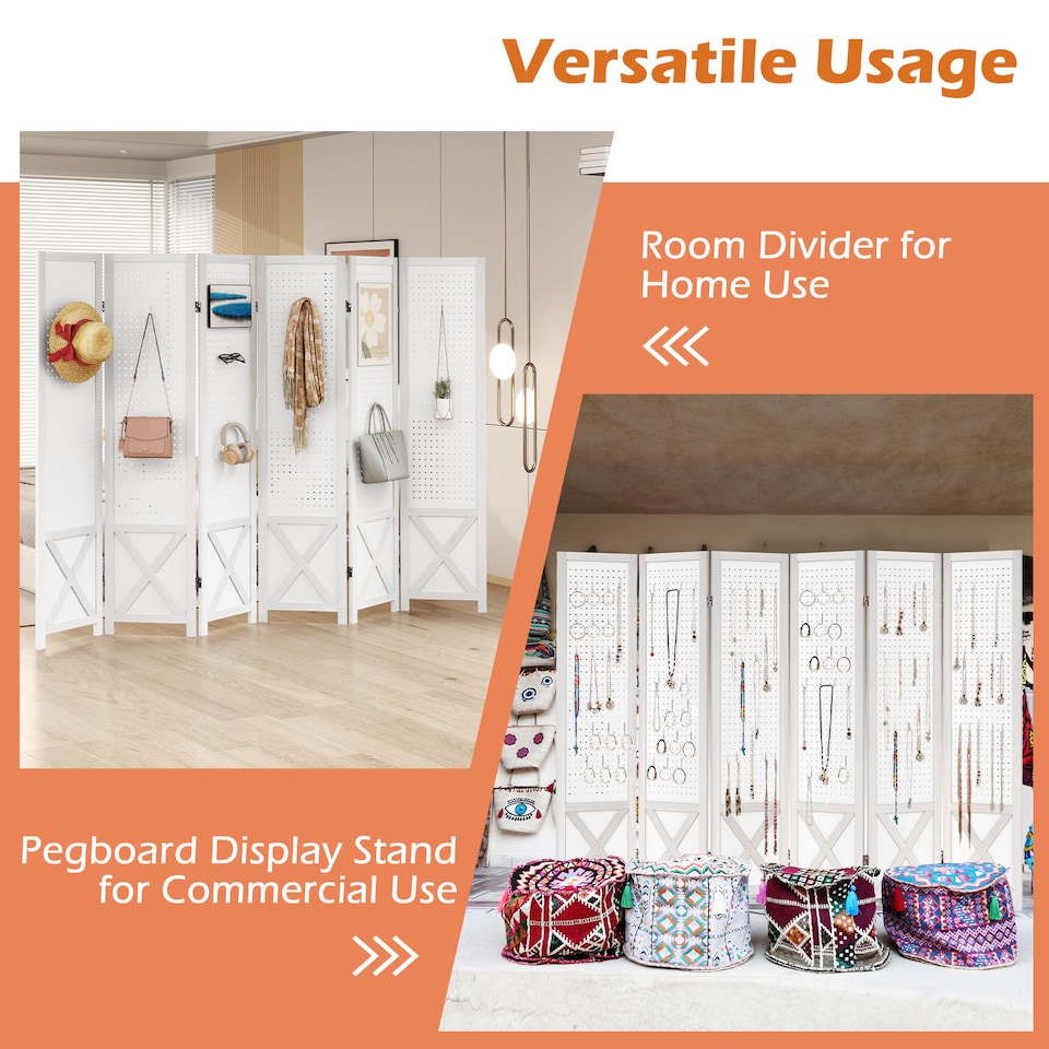 image 1 of COSTWAY 6 Panel 246 x 170 cm Folding Room Divider with Pegboard Display