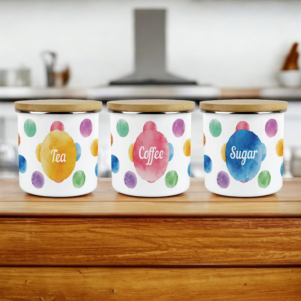 image 1 of Polka Dots Tea, Coffee & Sugar Large Kitchen Canisters - Set of 3