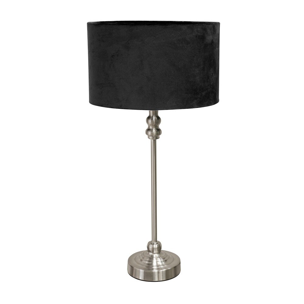 ValueLights Maggie Brushed Chrome Candlestick Slim Table Lamp with Velvet Drum Lamp Shade in Black
