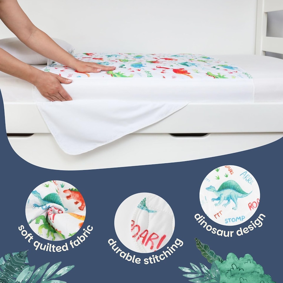 image 1 of Lynmark® Toddler Potty Training Bed Pads, Absorbs Up to 1200ml, 90x85cm (Tucks 85x45cm) Dinosaur | White | Dinosaur | Single | 1