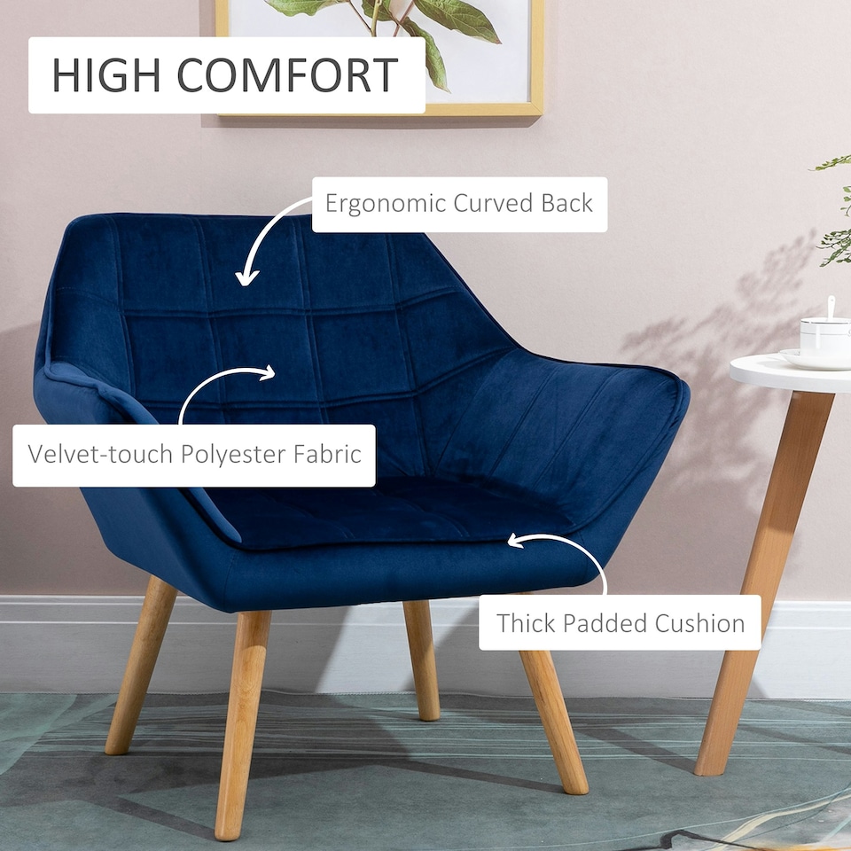 image 1 of HOMCOM Luxe Velvet-Feel Accent Chair w/ Wide Arms Slanted Back Wood Legs Blue