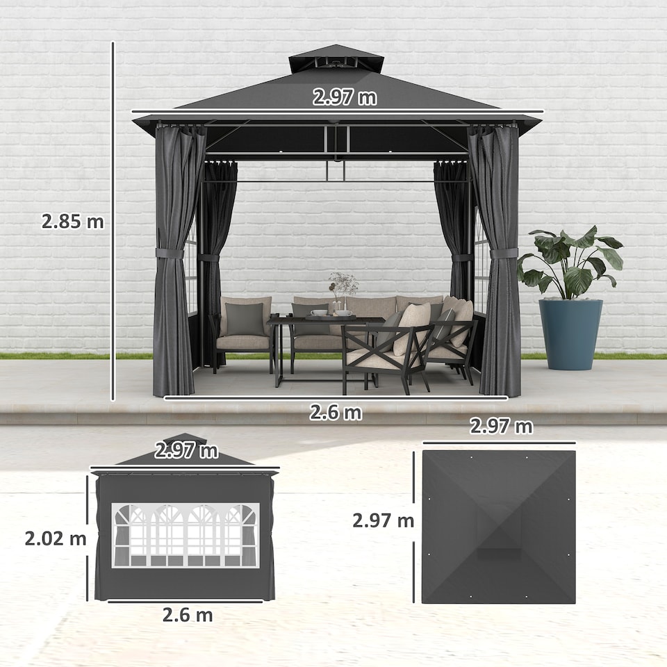 image 1 of Outsunny 3 x 3 m Garden Gazebo, Double Roof Metal Gazebo with Removable Sidewalls and Church Windows, Outdoor Canopy Shelter, Dark Grey