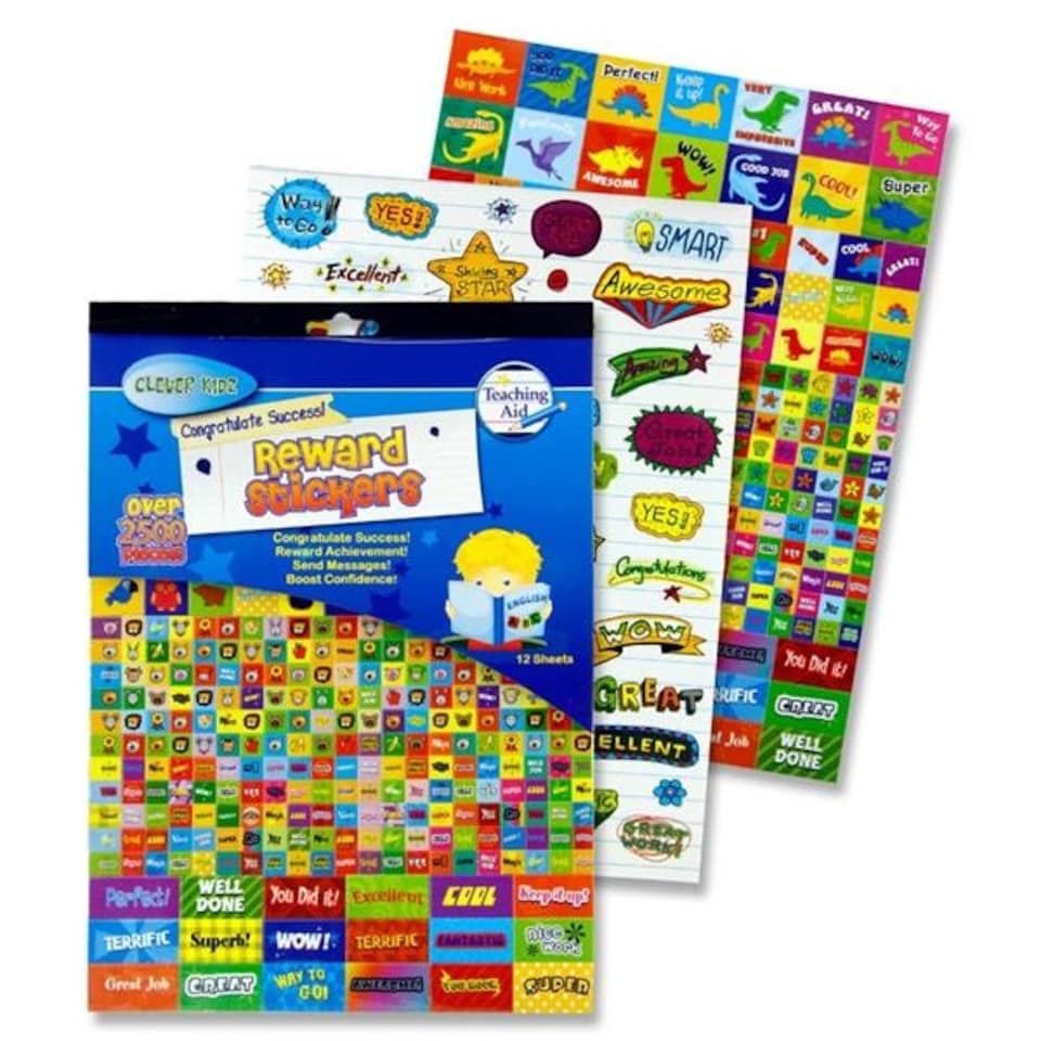 image 1 of Book of 12 Sheets of 2500+ Deluxe Reward Stickers by Clever Kidz