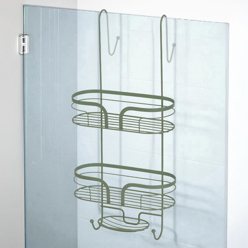 image 1 of Showerdrape Dante Sage Green Floor Caddy and 2 Tier Over Door Hook Shower Caddy | Green | Sage Green | 1