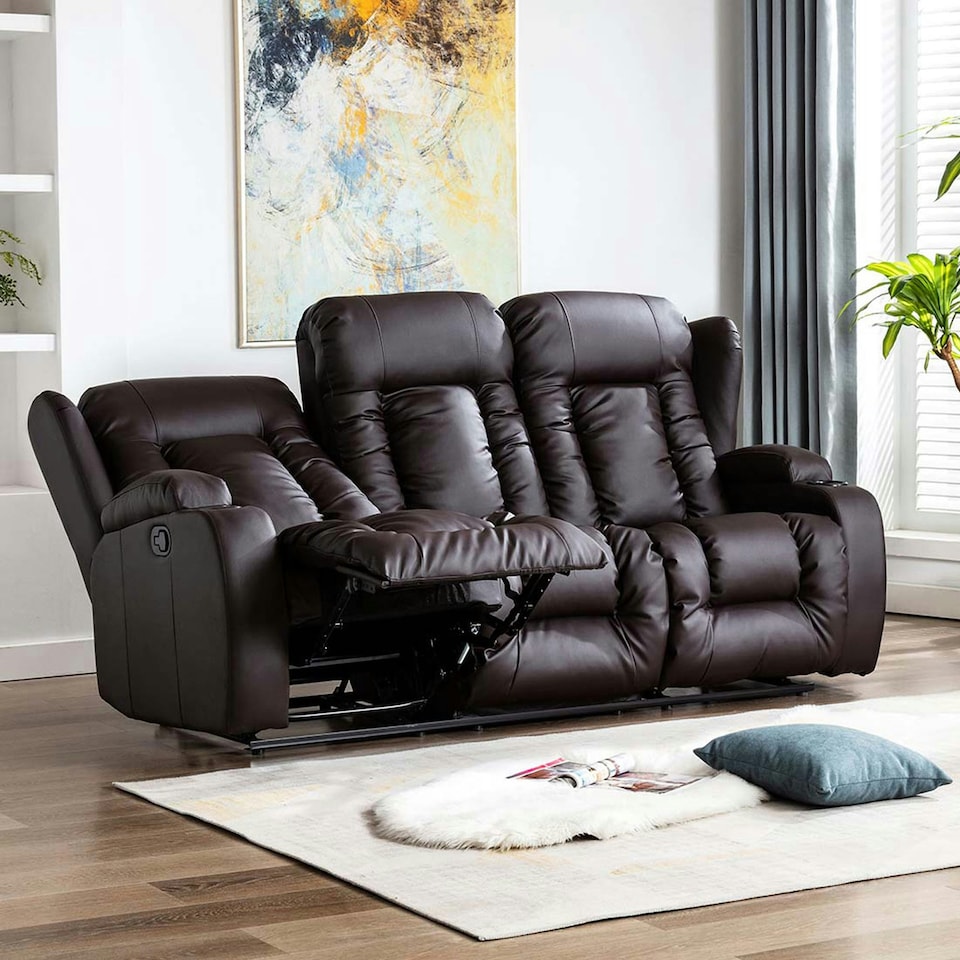 image 1 of Caesar 3 Seater Manual High Back Bonded Leather Recliner Sofa (Brown)