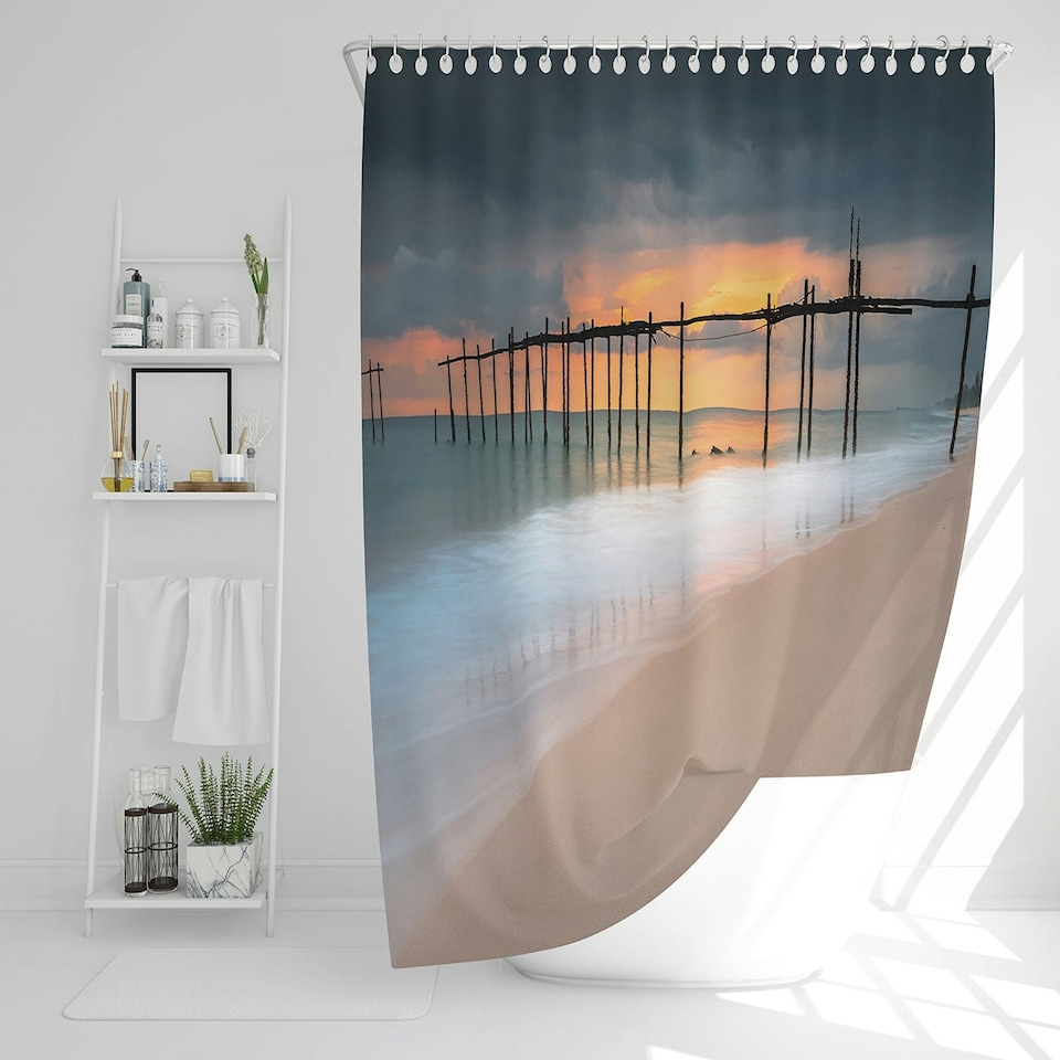 image 1 of Wood bridge sunset at sea thailand (Shower Curtain) (Shower Curtain)