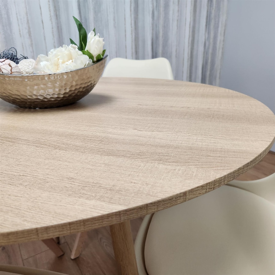 image 1 of Dining Table and 4 Chairs Round Wood Effect 4 Cream faux Leather Plastic Chairs Dining Set | Cream | One Size | 5