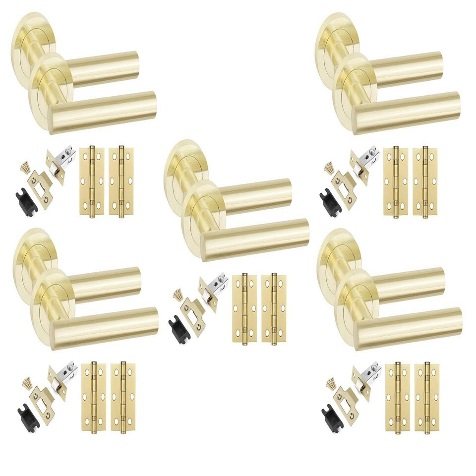 image 1 of Golden Grace 5 Set Straight T-Bar Design Door Handles in Satin Brass Finish with Tubular Latch and 1 Pair of 3" Ball Bearing Hinges Gold