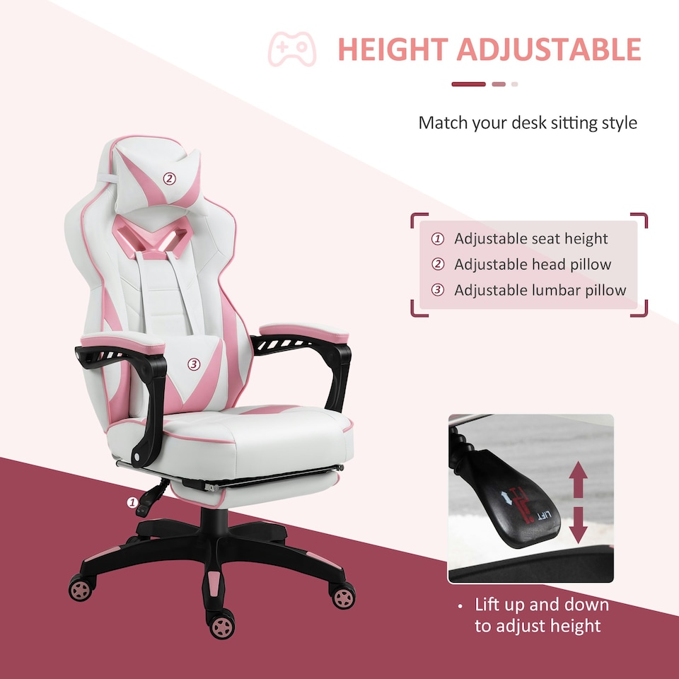 image 1 of Vinsetto Gaming Chair Ergonomic Reclining Manual Footrest Wheels Stylish Pink