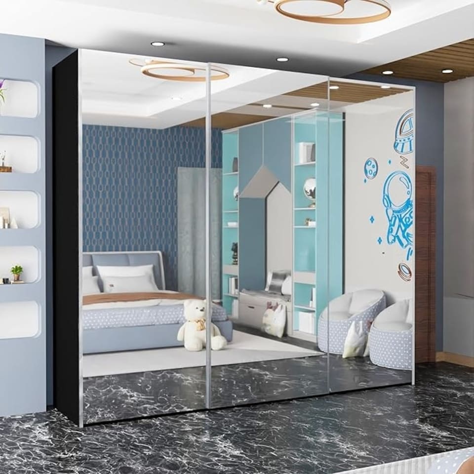 image 1 of Expansive 250cm 3-Door Sliding Mirrored Wardrobe with Integrated Drawers | White, Black, Grey Finish Black | Black250cm
