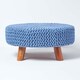 image 1 of Homescapes Blue Large Round Cotton Knitted Footstool on Legs