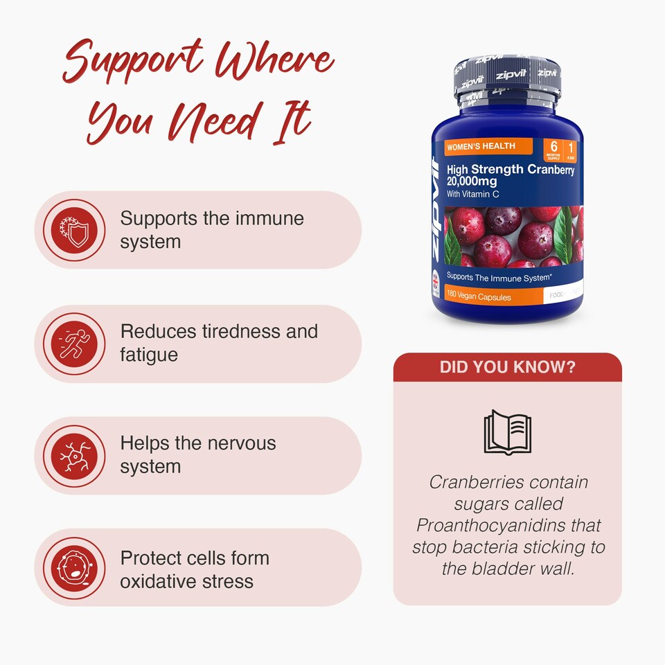 image 1 of Zipvit Cranberry 20,000mg – High Strength Immune Support with Vitamin C, 180 Vegan Capsules, 6-Month Supply