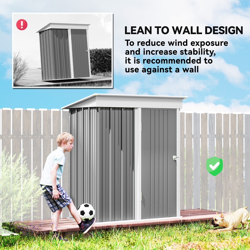 image 1 of Outsunny 5x3ft Garden Shed, Steel Small Shed, Outdoor Leanto Shed with Adjustable Shelf, Lock and Gloves for Patio, Garden, Grey with Foundation Kit